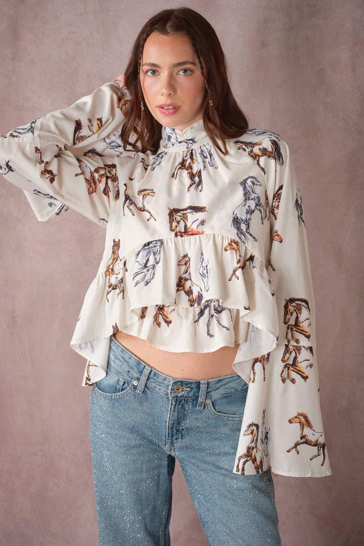High Neck Horse Print Ruffle Blouse