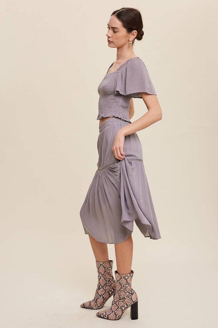 Smocked Crop Top & Tiered Midi Skirt Set: Gray