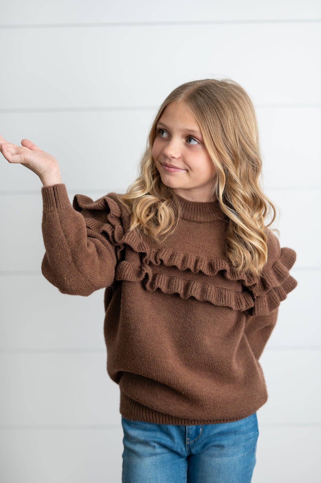 Kids Chocolate Double Ruffle Crew Neck Fall Winter Sweater: 3/4