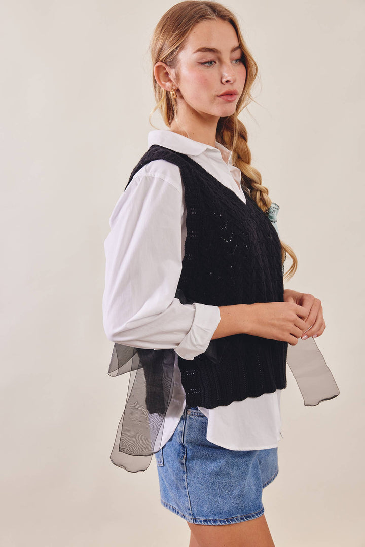 Pointelle Knit Ribbon-Tie Vest Top