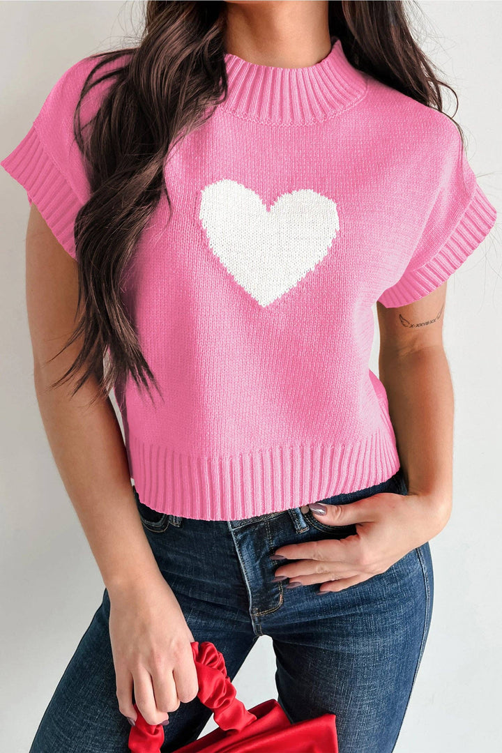 Fiery Red Valentine Heart Graphic Cropped Short Sleeve Sweater: Fiery Red / 52%Viscose+26%Polyester+22%Polyamide / M