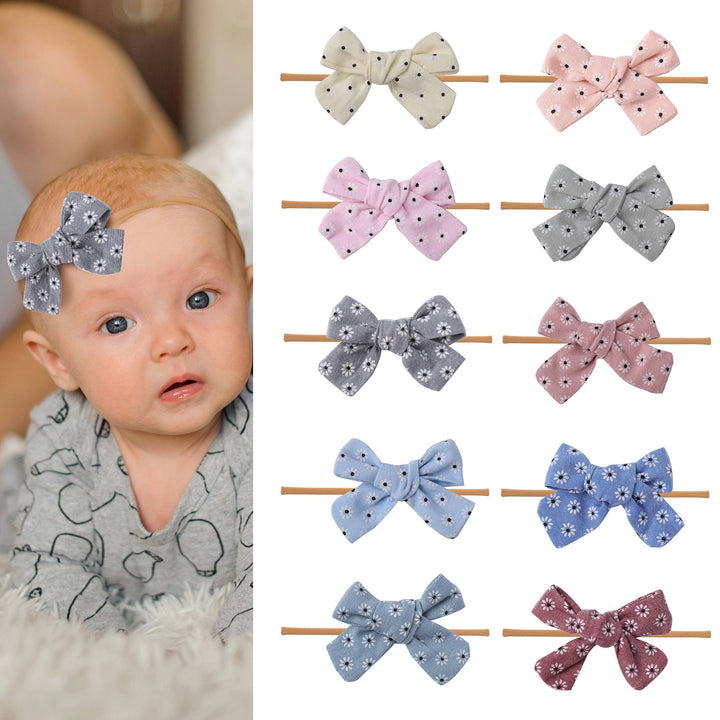 Nylon Newborn Baby Girl Headbands 10 Pcs Set Linen Floral