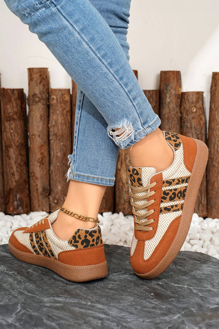 LAS Checkered Leopard Color Block Patchwork Sneakers (37-42): Buckskin / Standard