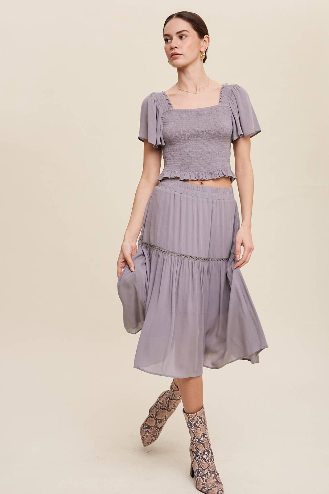 Smocked Crop Top & Tiered Midi Skirt Set: Gray