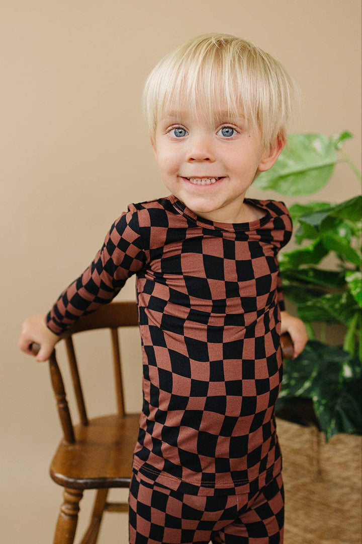 Bamboo Two Piece Set | Chocolate Wavy Checkered: 3T