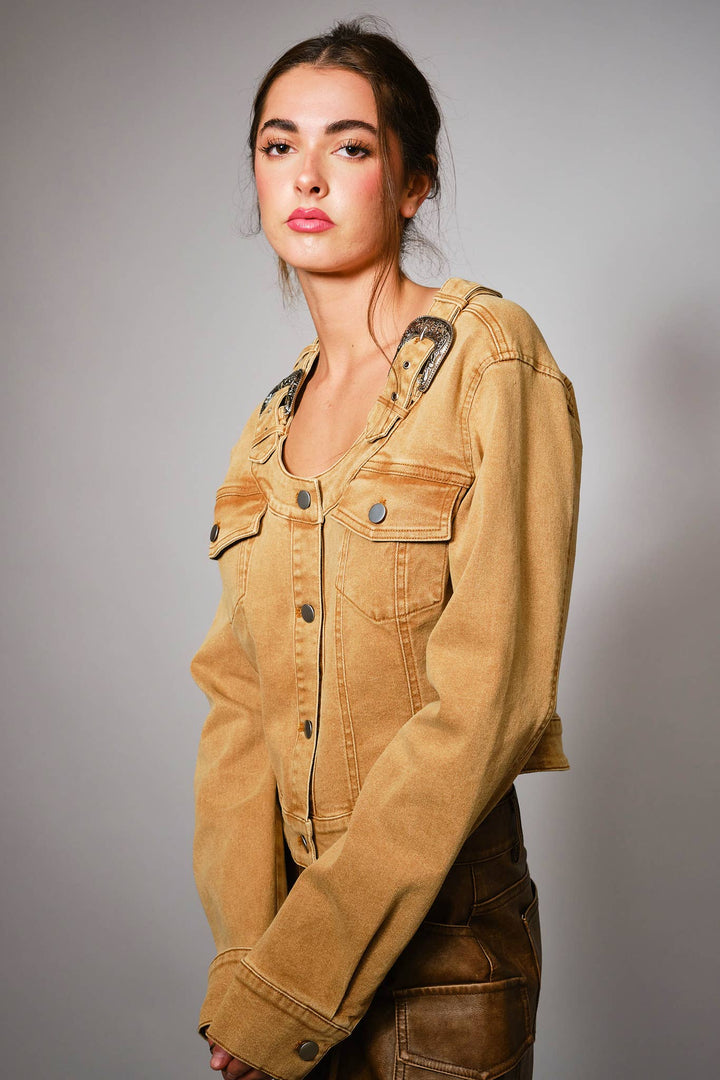 52151J Western Buckle Denim Jacket: WASHED CAMEL / S-M-L (2-2-2)