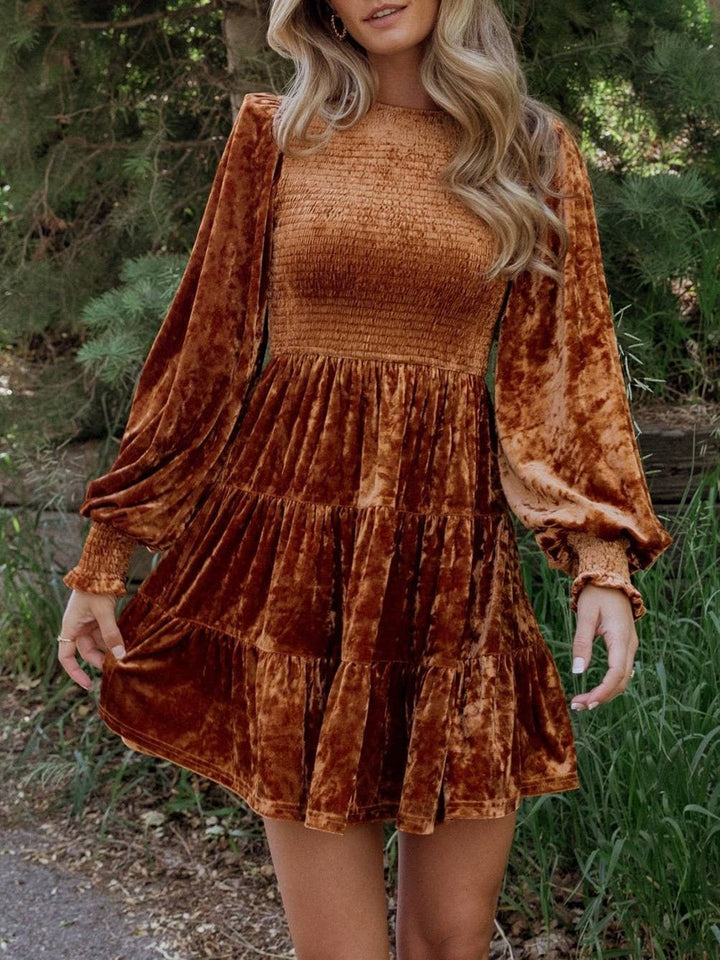 Velvet Ruffled Crewneck Dress: Brown / S