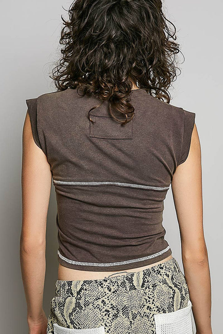 Slim Fit Round Neck Outseam Overlock Stud Cotton Jersey Top Coffee