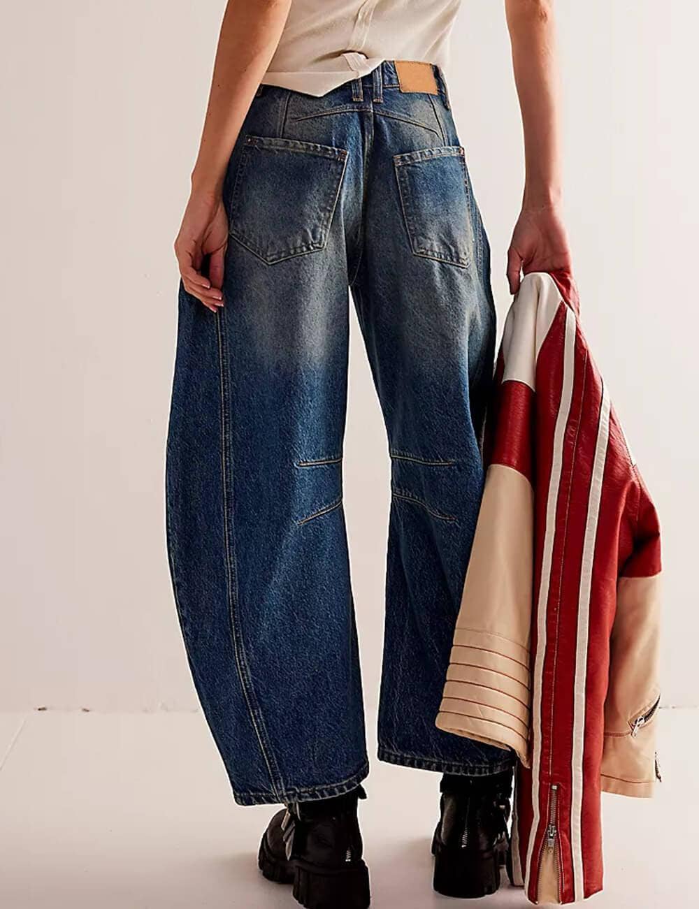Ladies Mid Rise Wide Leg Barrel Jeans SKP522: Denim Blue / XS