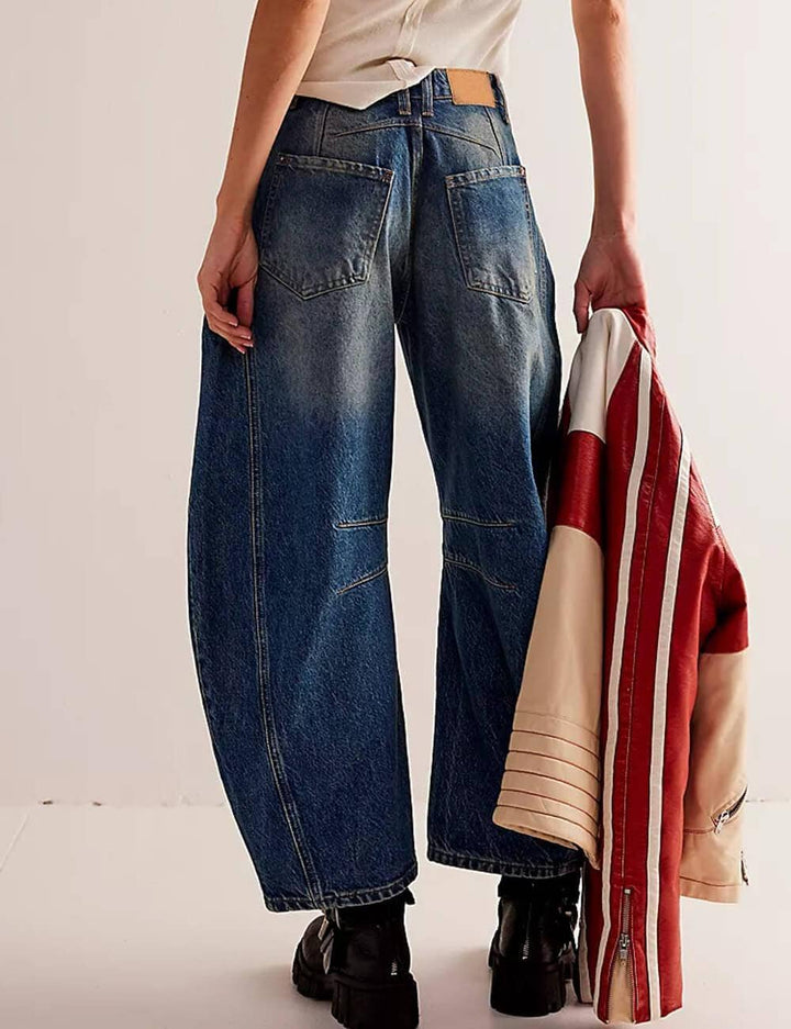 Ladies Mid Rise Wide Leg Barrel Jeans SKP522: Denim Blue / XS