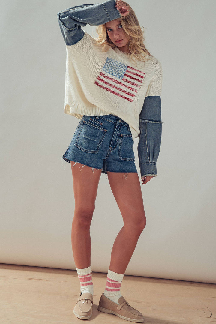 American Flag Mixed Media Denim Sleeve Sweater: IVORY / S-M-L:2-2-2