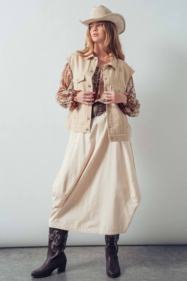 Western Sunset Embroidered Denim Vest: OATMEAL / S-2/M-2/L-2