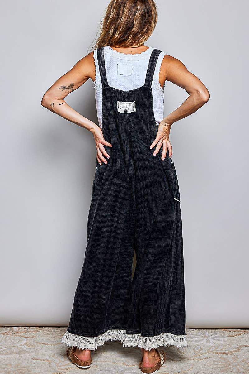 Thermal Cotton Lace Rib Placket Metal Snap Wide Leg Overall