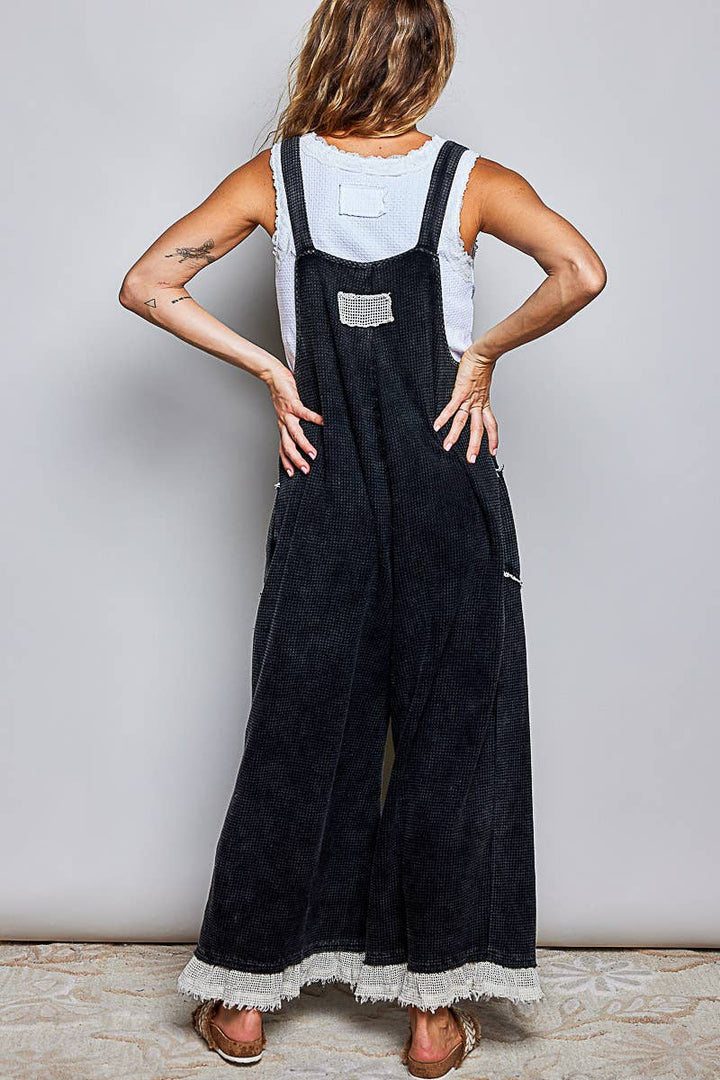 Thermal Cotton Lace Rib Placket Metal Snap Wide Leg Overall