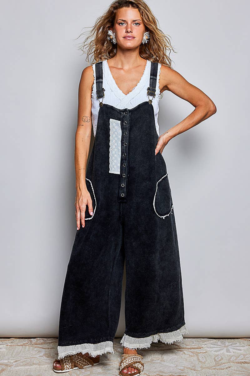 Thermal Cotton Lace Rib Placket Metal Snap Wide Leg Overall
