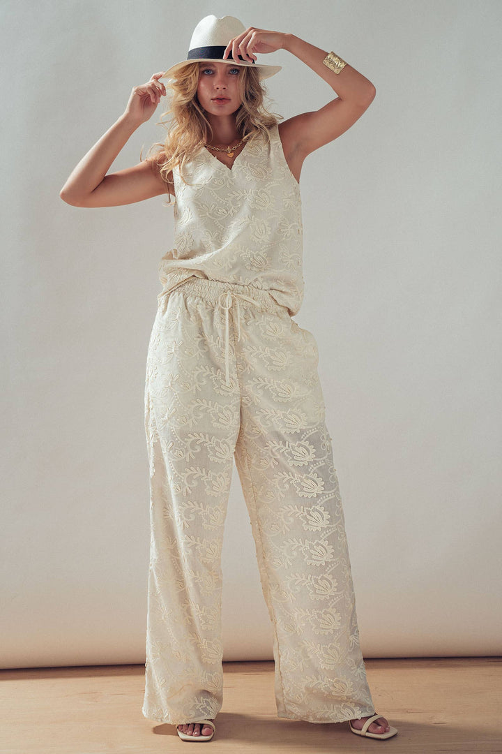 Floral Embroidered Cotton Top And Pant Set: IVORY