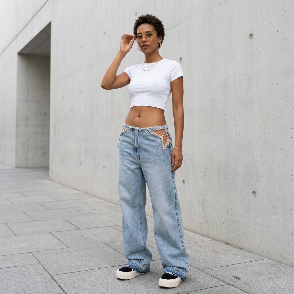 Star Detail Bleached Baggy Jean Pants