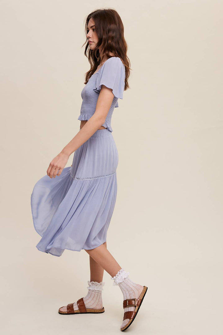 Smocked Crop Top & Tiered Midi Skirt Set: Gray