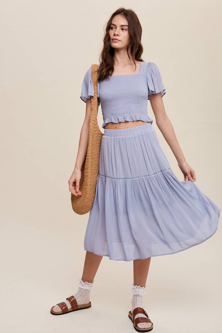 Smocked Crop Top & Tiered Midi Skirt Set: Gray
