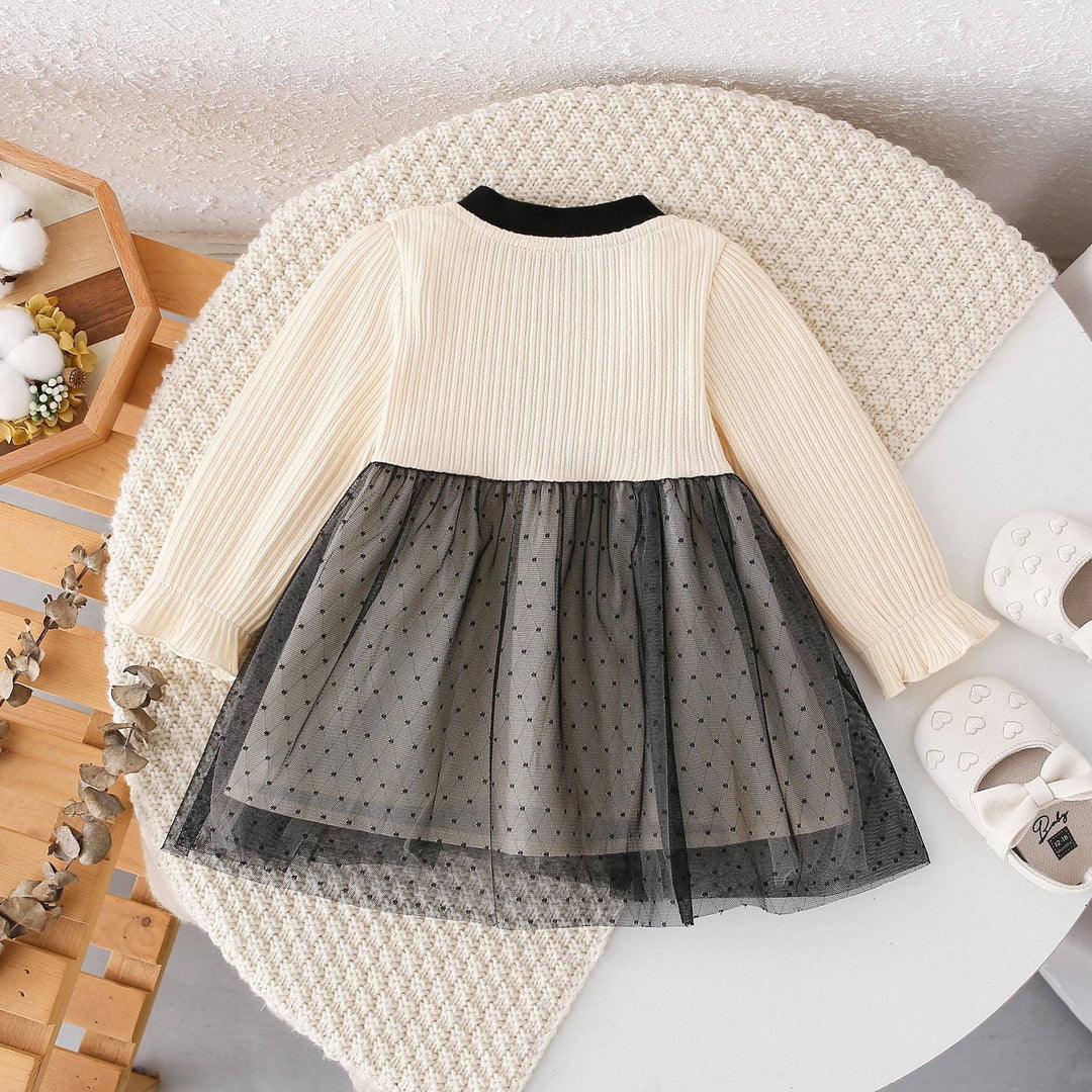 Arrival Autumn Girls Argyle Pattern Crew Neck Long Sleeves Tulle Patchwork Princess Dress: Black / 90 (12-24M)