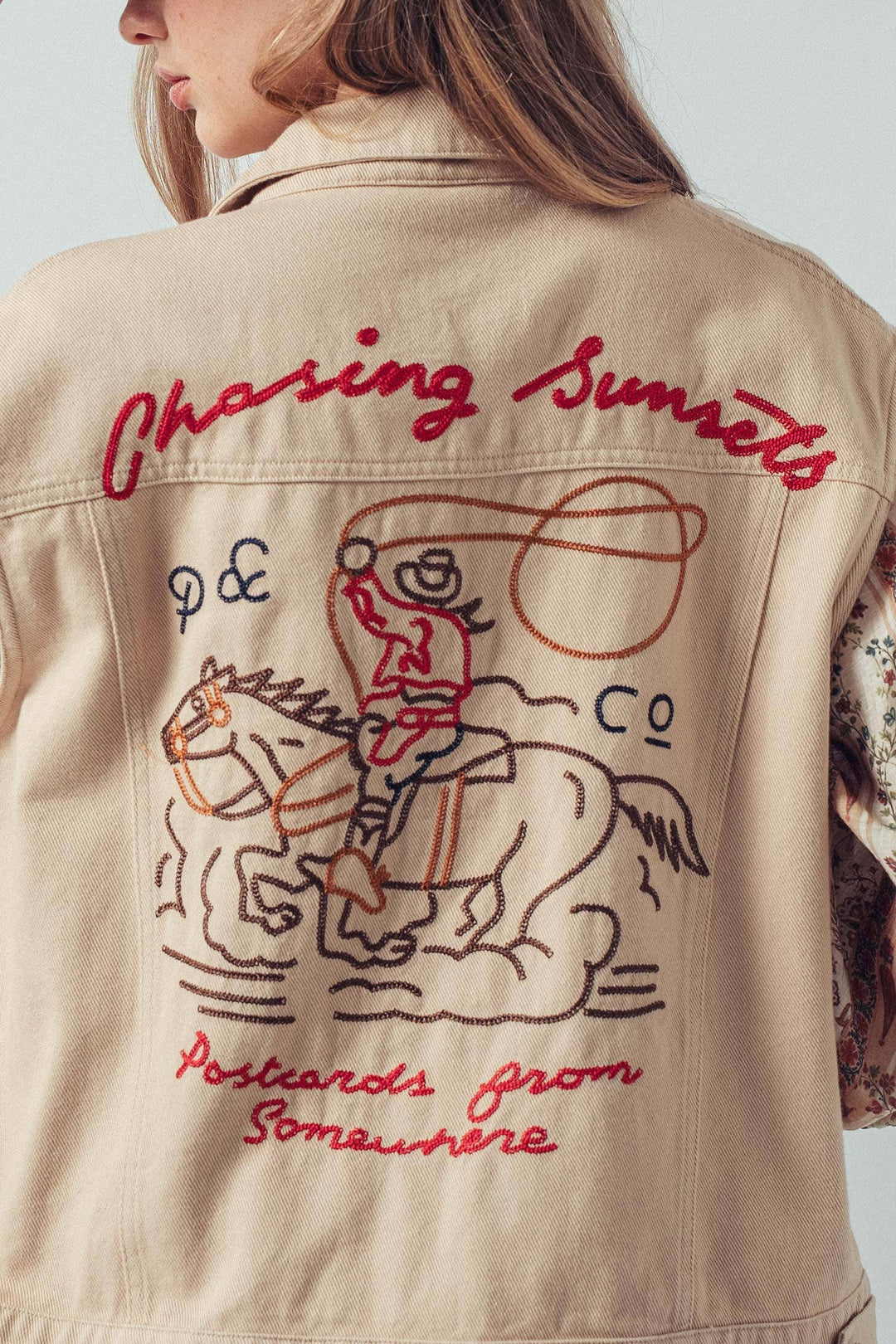 Western Sunset Embroidered Denim Vest: OATMEAL / S-2/M-2/L-2