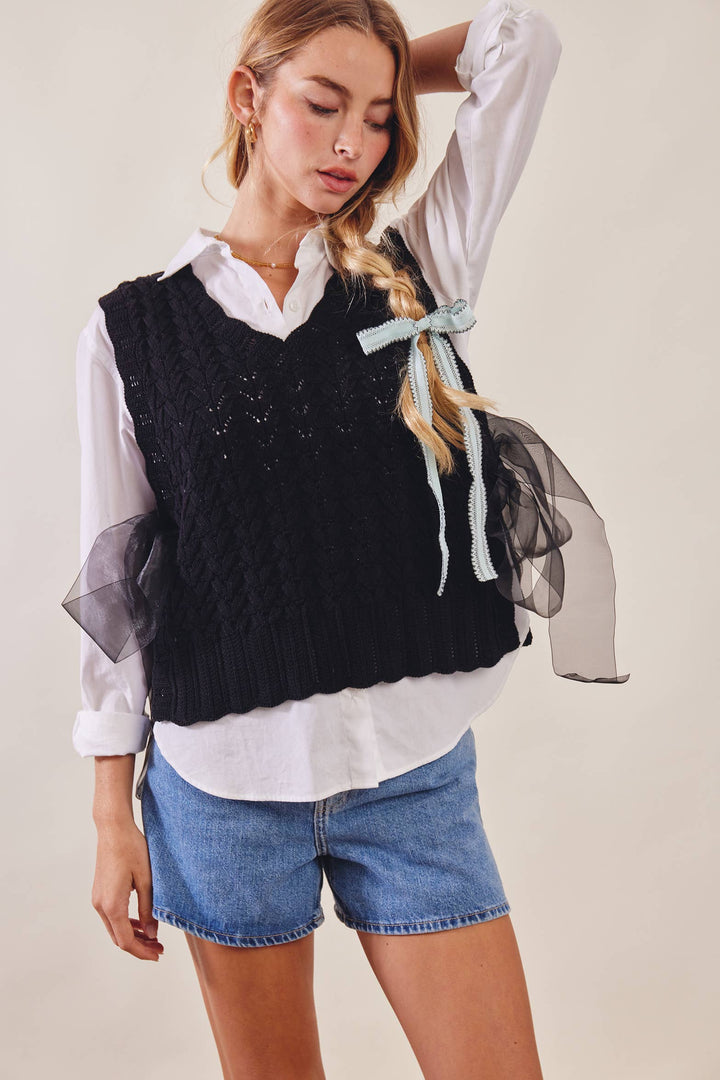 Pointelle Knit Ribbon-Tie Vest Top