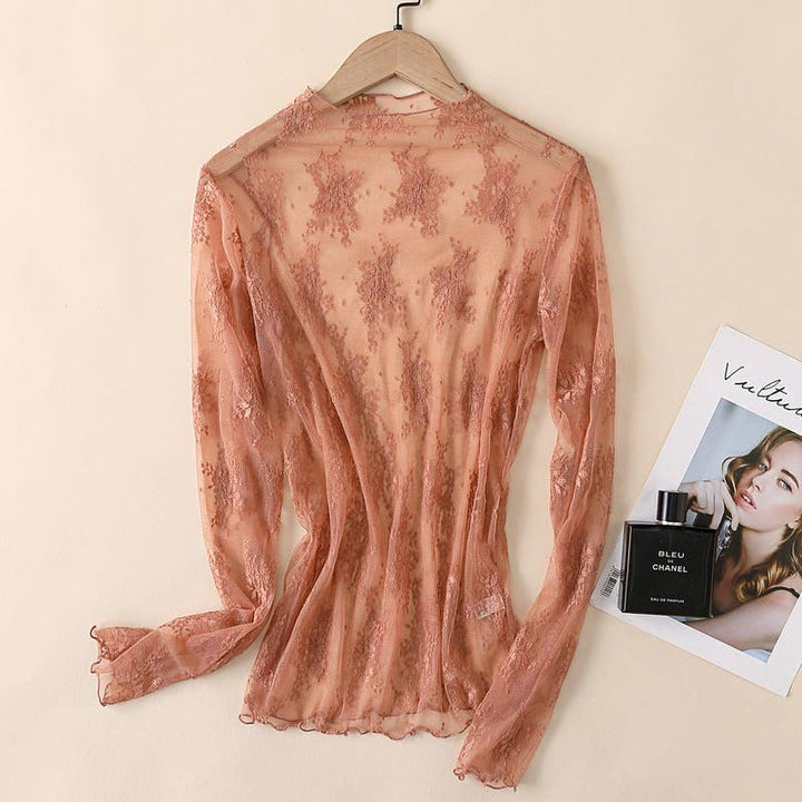 Semi Sheer Mesh Floral Lace Layering See Through Top: Caramel / XL