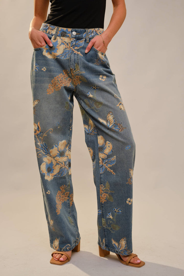 91690P Floral Print Wide Leg Jeans: DENIM MULTI / S-M-L
