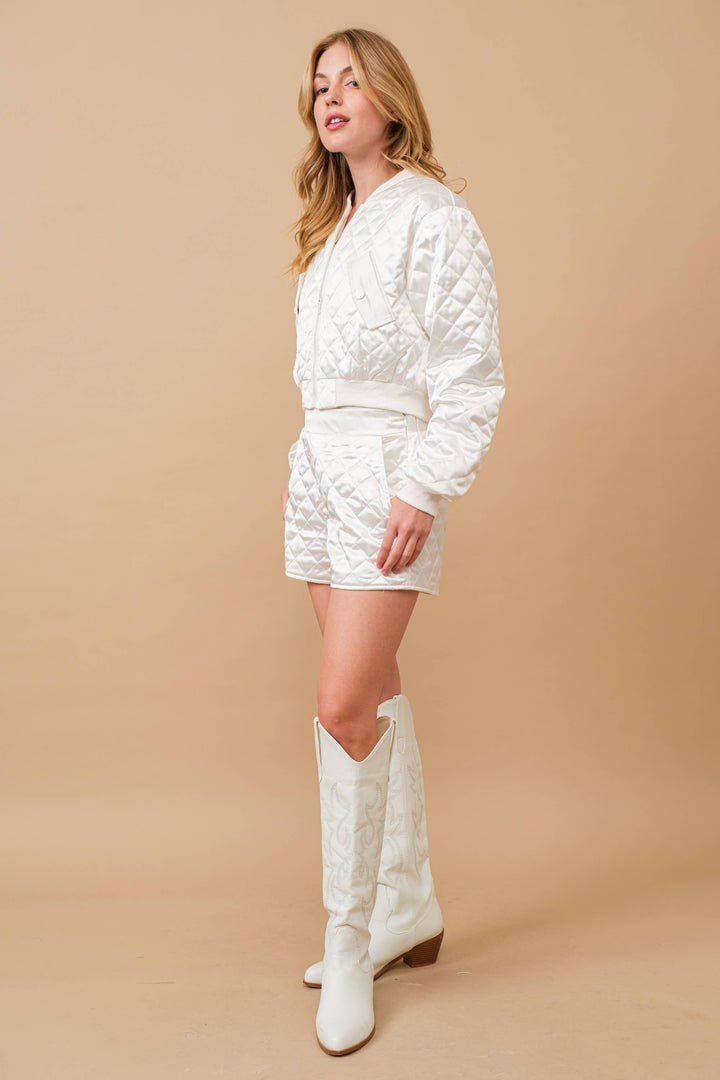 61234SET Quilted Crop Pocket Bomber Jacket w/ Matching Set: BROWN / S