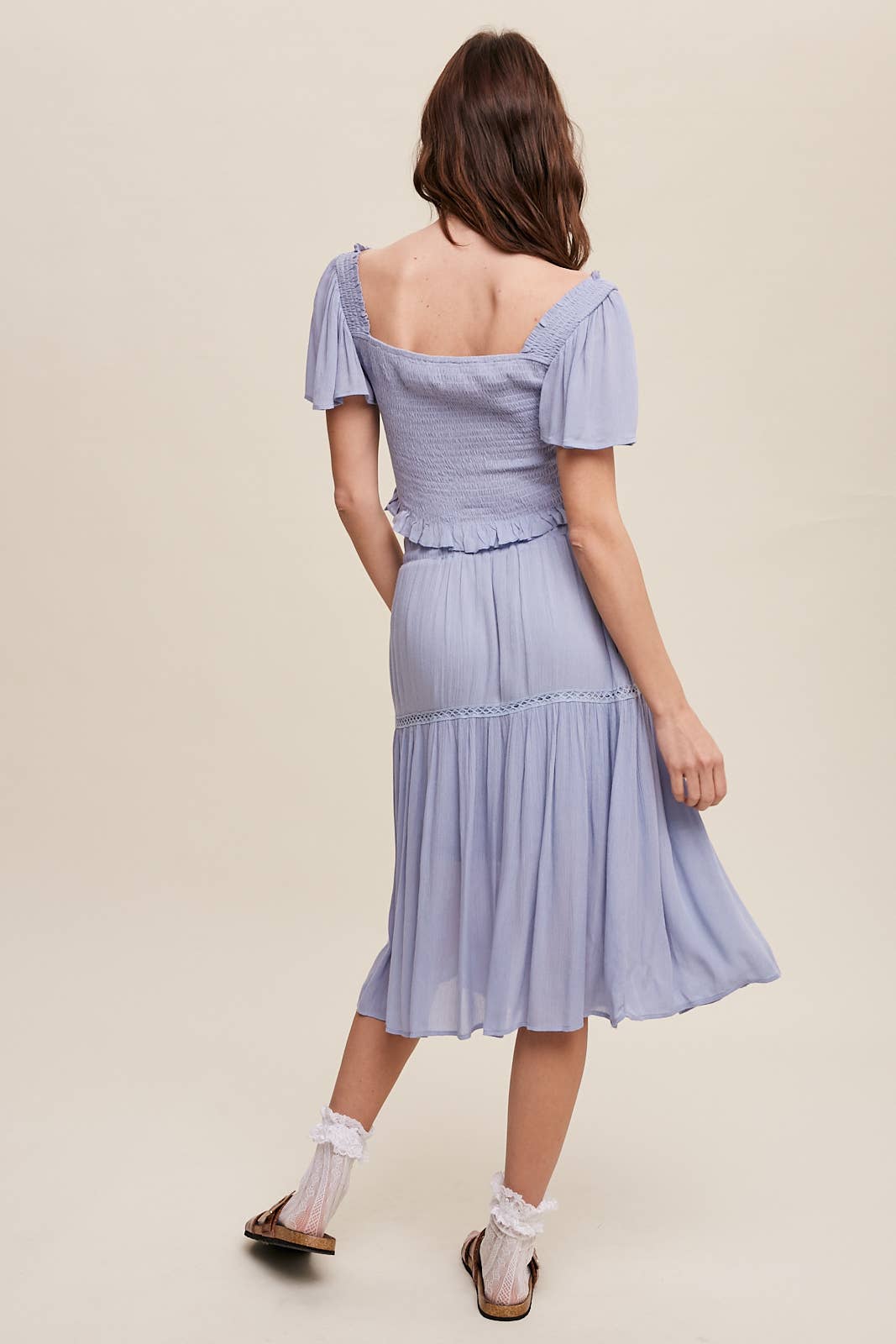 Smocked Crop Top & Tiered Midi Skirt Set: Gray