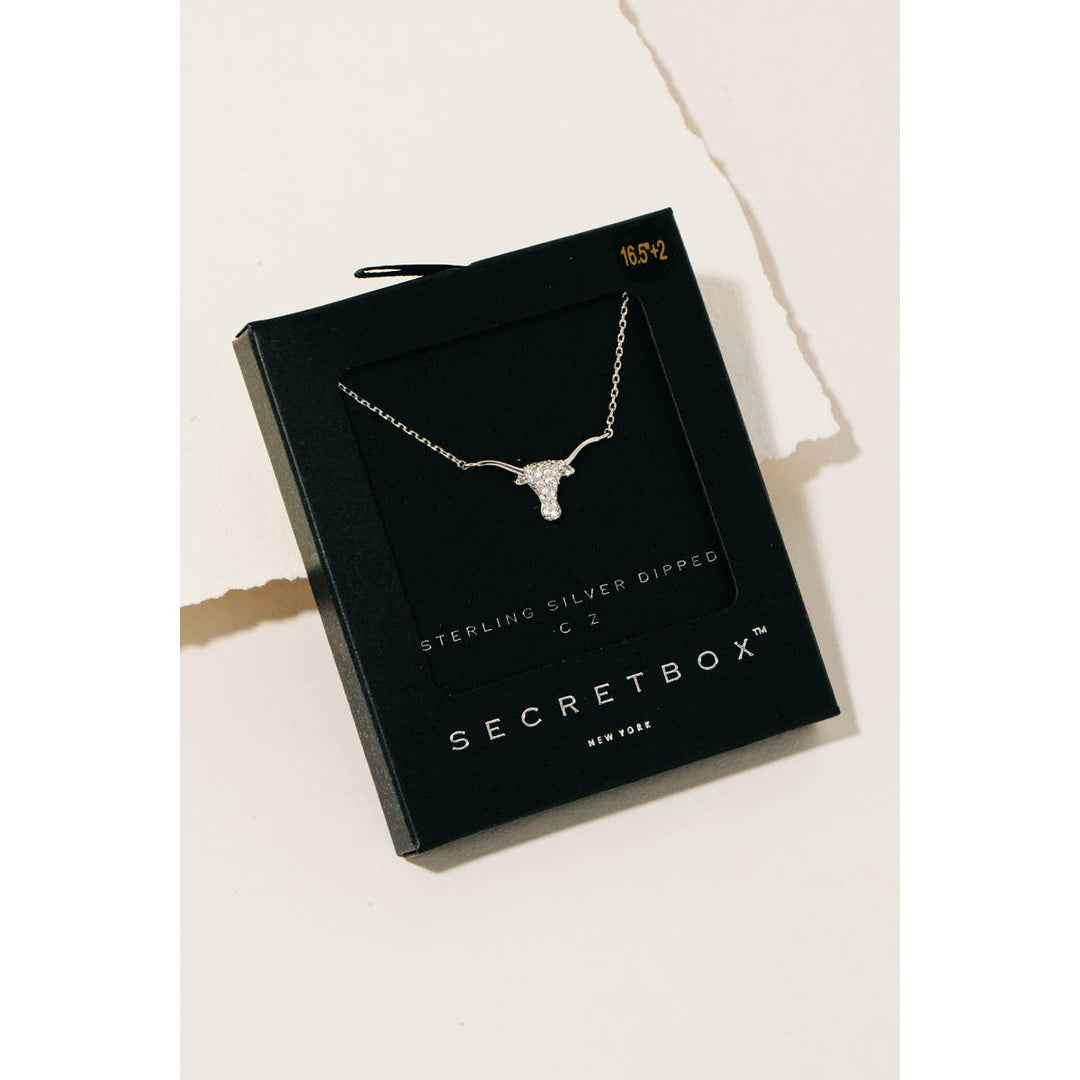 Secret Box Cz Stud Bull Head Pendant Necklace: WG