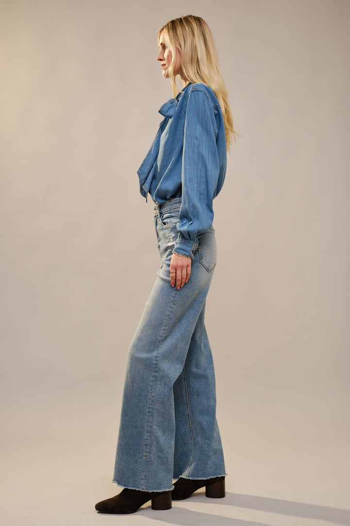 23612T - Tie Neck Hidden Button Chambray Blouse: DARK WASH / L