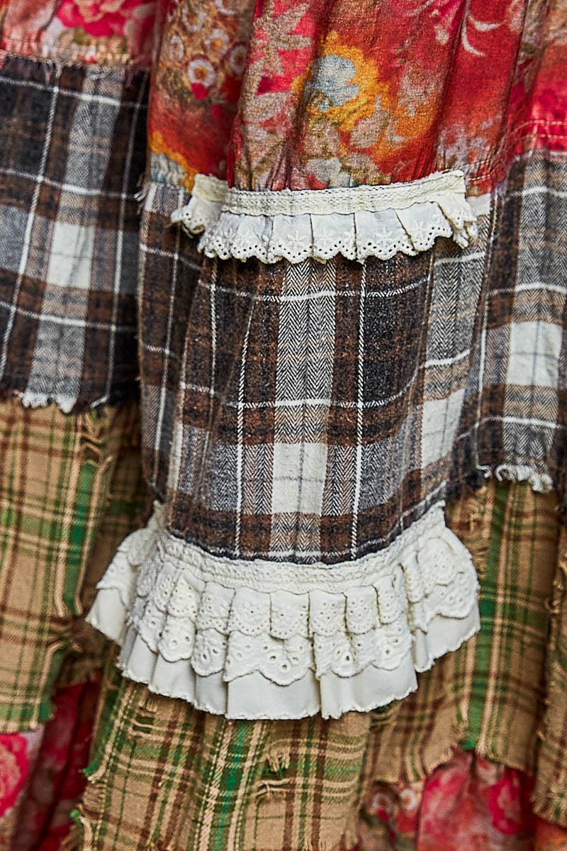 Floral Print Ruffle Trim Patchwork Plaid Wide Leg Pants