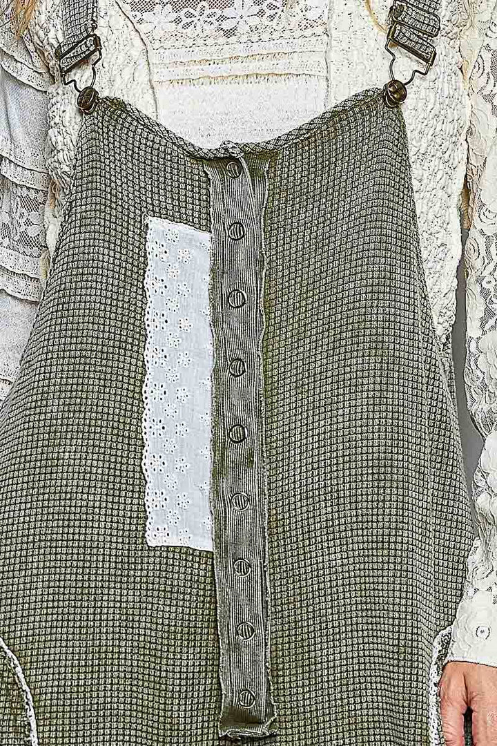 Thermal Cotton Lace Rib Placket Metal Snap Wide Leg Overall