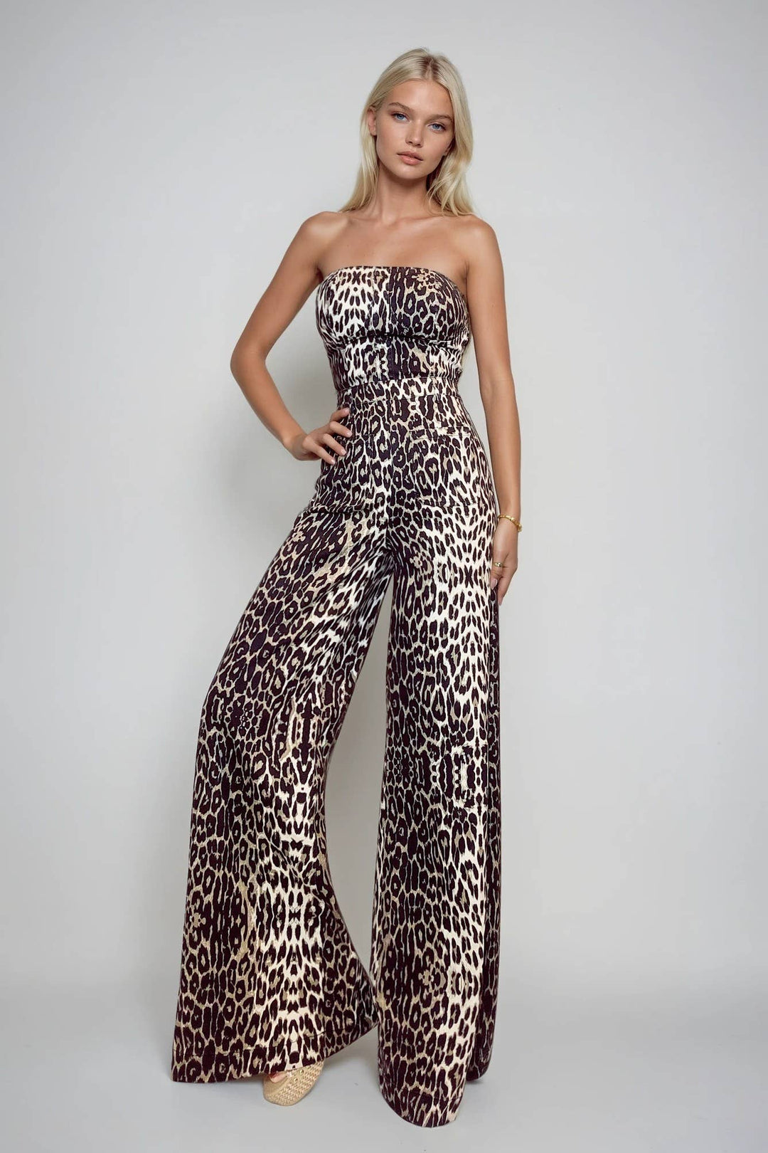 WIDE LEG LEOPARD PRINT TUBE DENIM JUMPSUIT