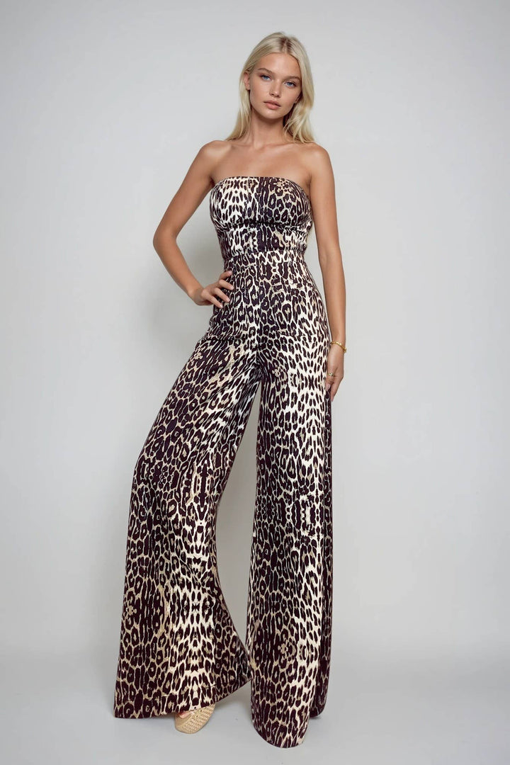 WIDE LEG LEOPARD PRINT TUBE DENIM JUMPSUIT
