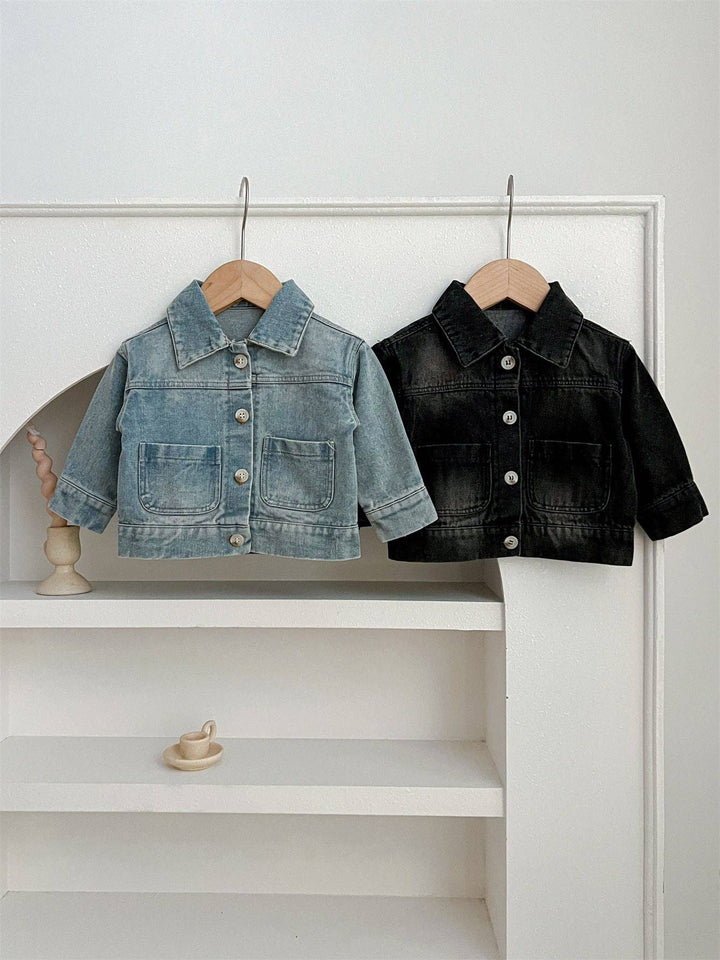 Baby Kids Button Front Design Washed Style Turndown Collar Denim Jacket Coat: Black / 110 (3-5Y)