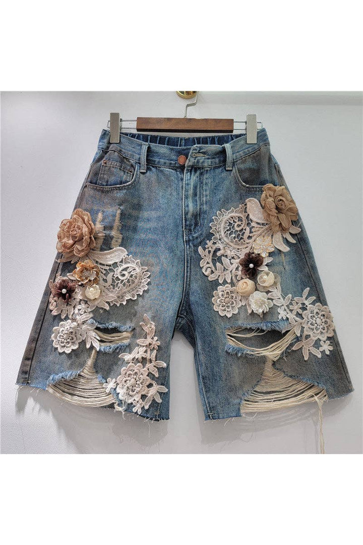 Floral Lace Embellished Denim Shorts: BLUE