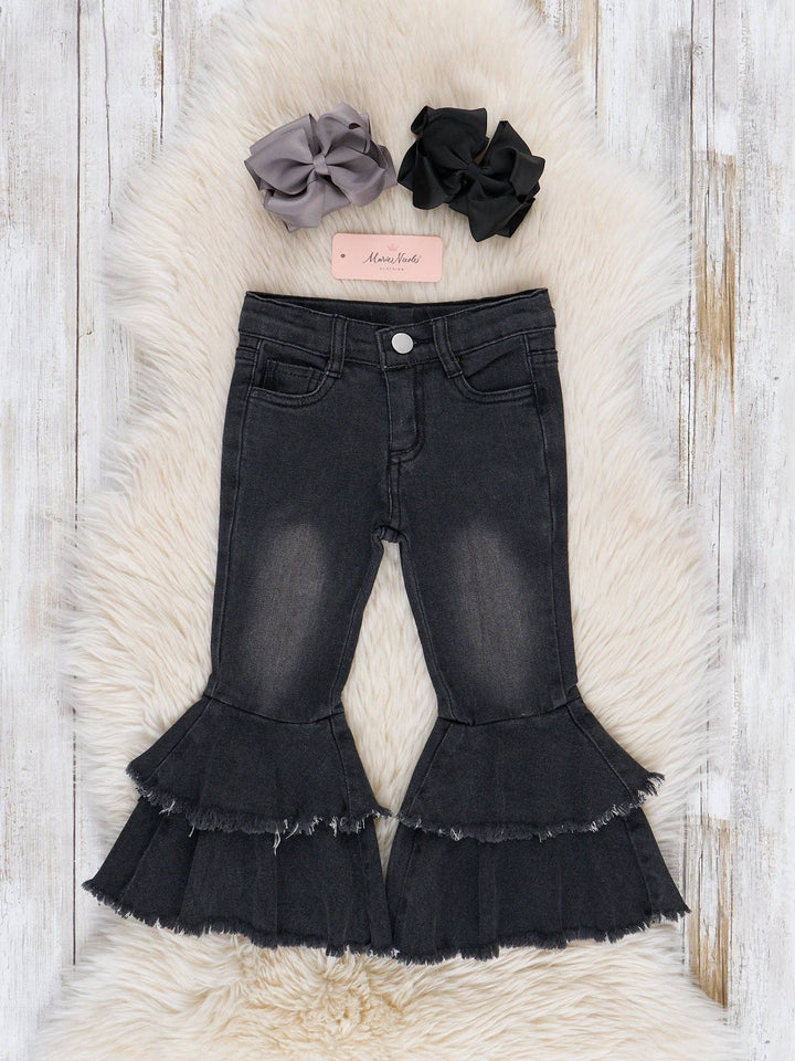 Black Tiered Denim Bell Bottoms: M(3yrs)