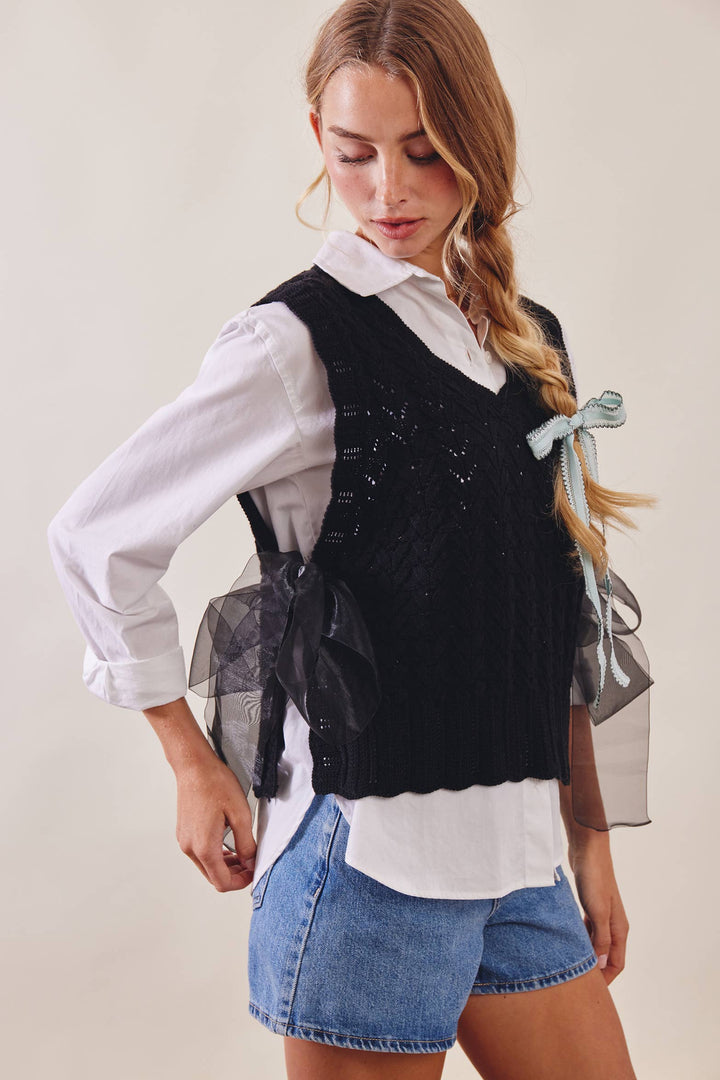 Pointelle Knit Ribbon-Tie Vest Top