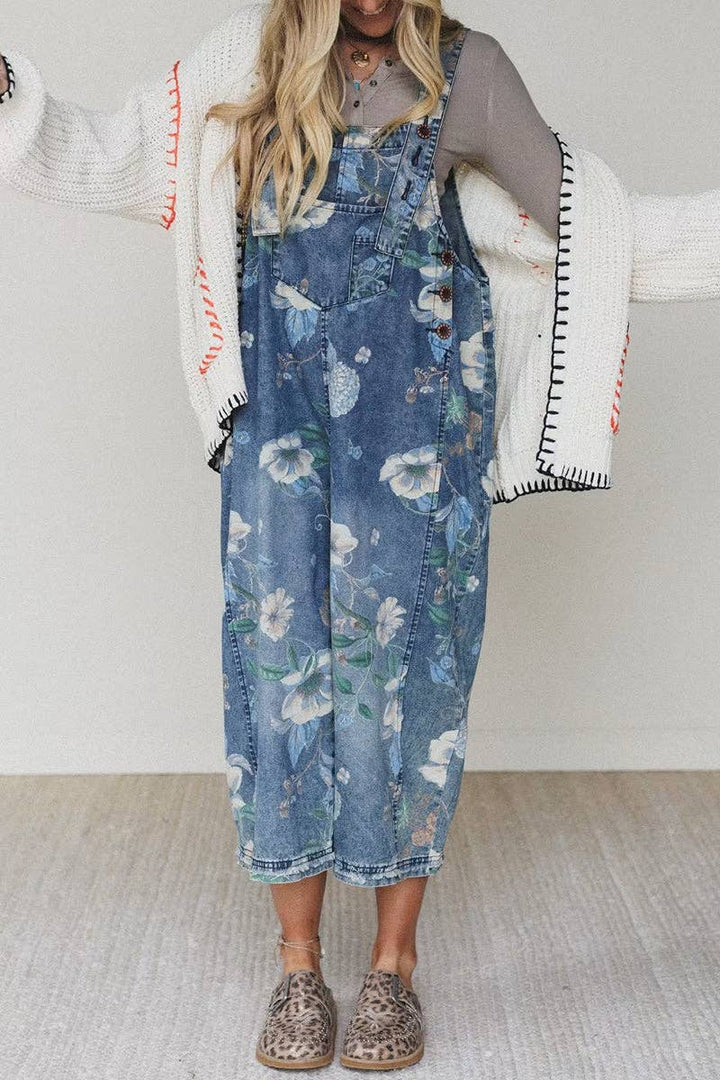 Floral Pattern Denim Jumpsuit Overalls