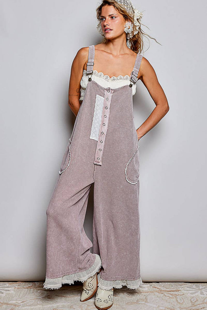 Thermal Cotton Lace Rib Placket Metal Snap Wide Leg Overall