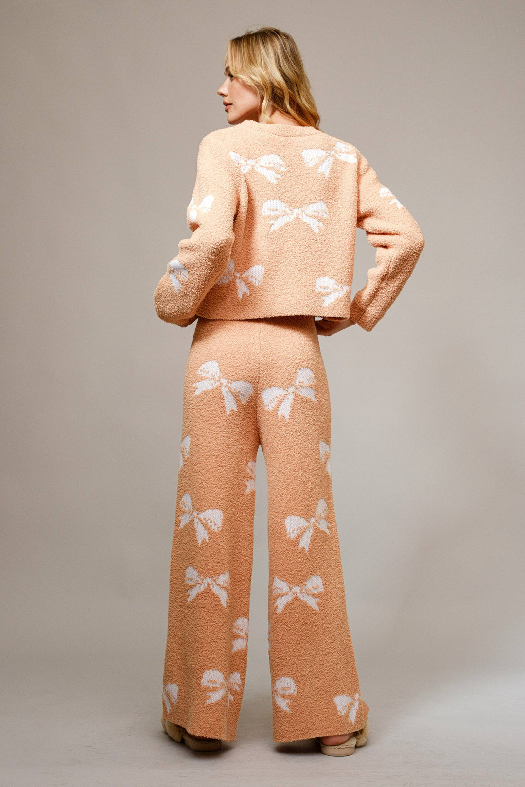 36350SET - Bow Print Cozy Sweater Set: Taupe / L