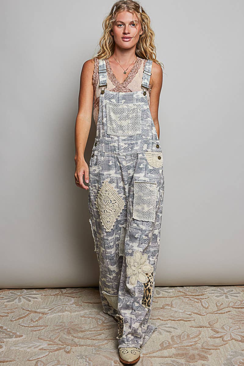Crochet Contrast Patch Detail Chest Pocket Woven Overalls