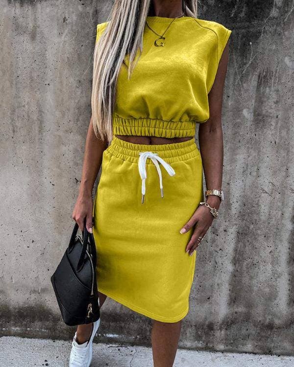 New sleeveless crop top drawstring skirt set: BLACK / 1-1-1-1 / S-M-L-XL