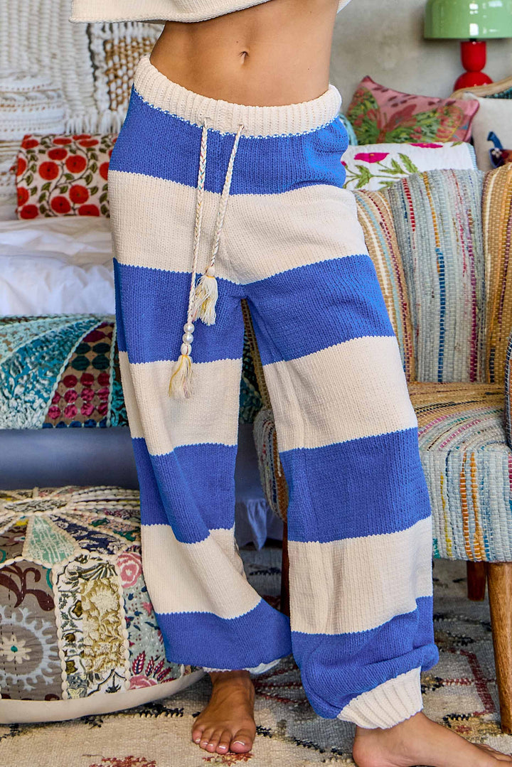 Bohemian Stripe Wide Leg Pull On Cozy Chenille Knit Pants