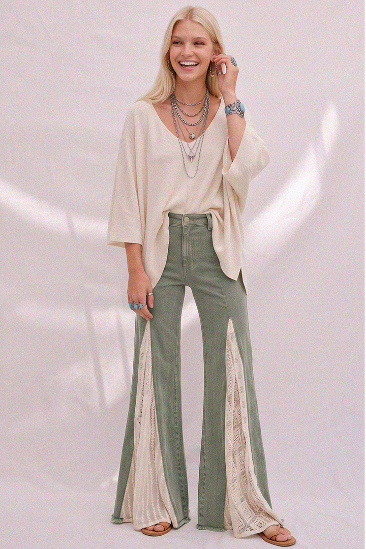 LACE DETAIL WIDE LEG JEANS