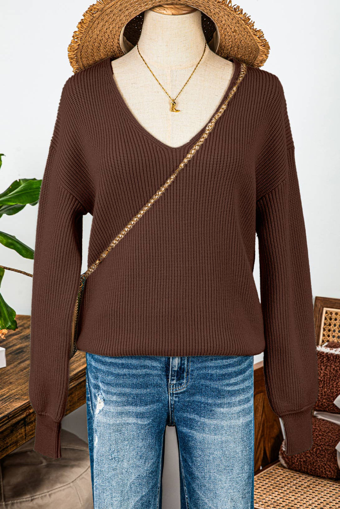 Valentine Lantern Sleeve V Neck Knot Back Sweater: Red / Missy / M