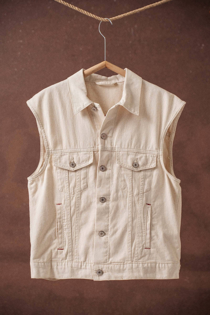 Western Sunset Embroidered Denim Vest: OATMEAL / S-2/M-2/L-2