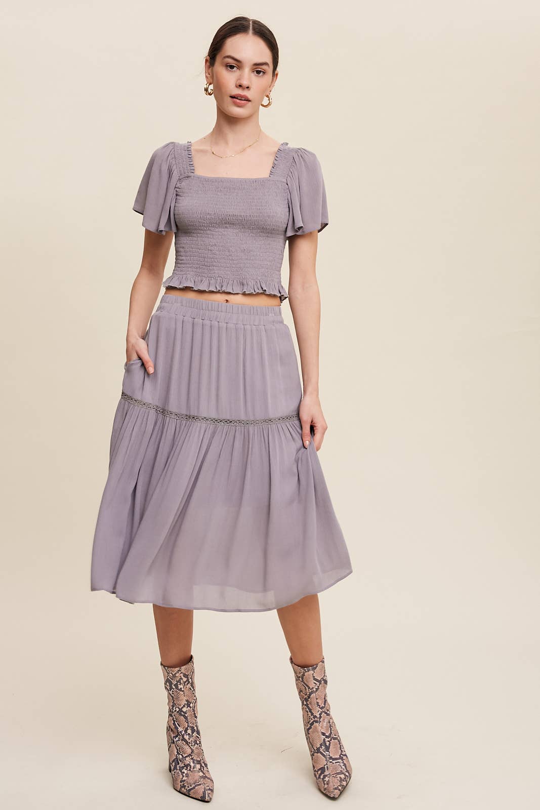 Smocked Crop Top & Tiered Midi Skirt Set: Gray